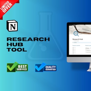 Op de afbeelding: Een computerscherm met een website genaamd "Research Hub" met een checklist en onderzoekssecties. De website is ontworpen om gebruikers te helpen bij het organiseren en beheren van hun onderzoeksprojecten. De afbeelding bevat ook een bekerglas, een vinkje en de tekst "Research Hub Tool".