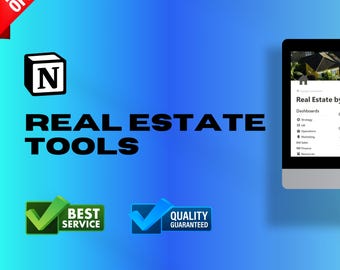 Może przedstawiać: Niebiesko-zielona grafika z tekstem "Real Estate Tools" i zaznaczeniem z tekstem "Best Service" oraz zaznaczeniem z tekstem "Quality Guaranteed". Ekran komputera pokazuje stronę internetową z tekstem "Real Estate by" i listą pulpitów nawigacyjnych.