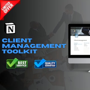 Puede incluir: Una pantalla de ordenador que muestra un sistema de gestión de clientes con un menú de navegación y una lista de tareas. La pantalla está sobre un escritorio con dos personas dándose la mano en el fondo. El texto "CLIENT MANAGEMENT TOOLKIT" se muestra en letras grandes y en negrita en la parte superior de la imagen. El texto "BEST SERVICE" y "QUALITY GUARANTEED" se muestra en marcas de verificación verdes y azules debajo del texto "CLIENT MANAGEMENT TOOLKIT".