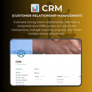 May include: A screenshot of a CRM software interface with a handshake in the background. The interface shows a navigation menu with options such as "CRM", "Project Management", "Task Manager", "Finance Dashboard", "Client Portal", and "Research Hub". The pipeline section shows a "Board" with a "Lead" and a "Prospect" with their respective names and values.