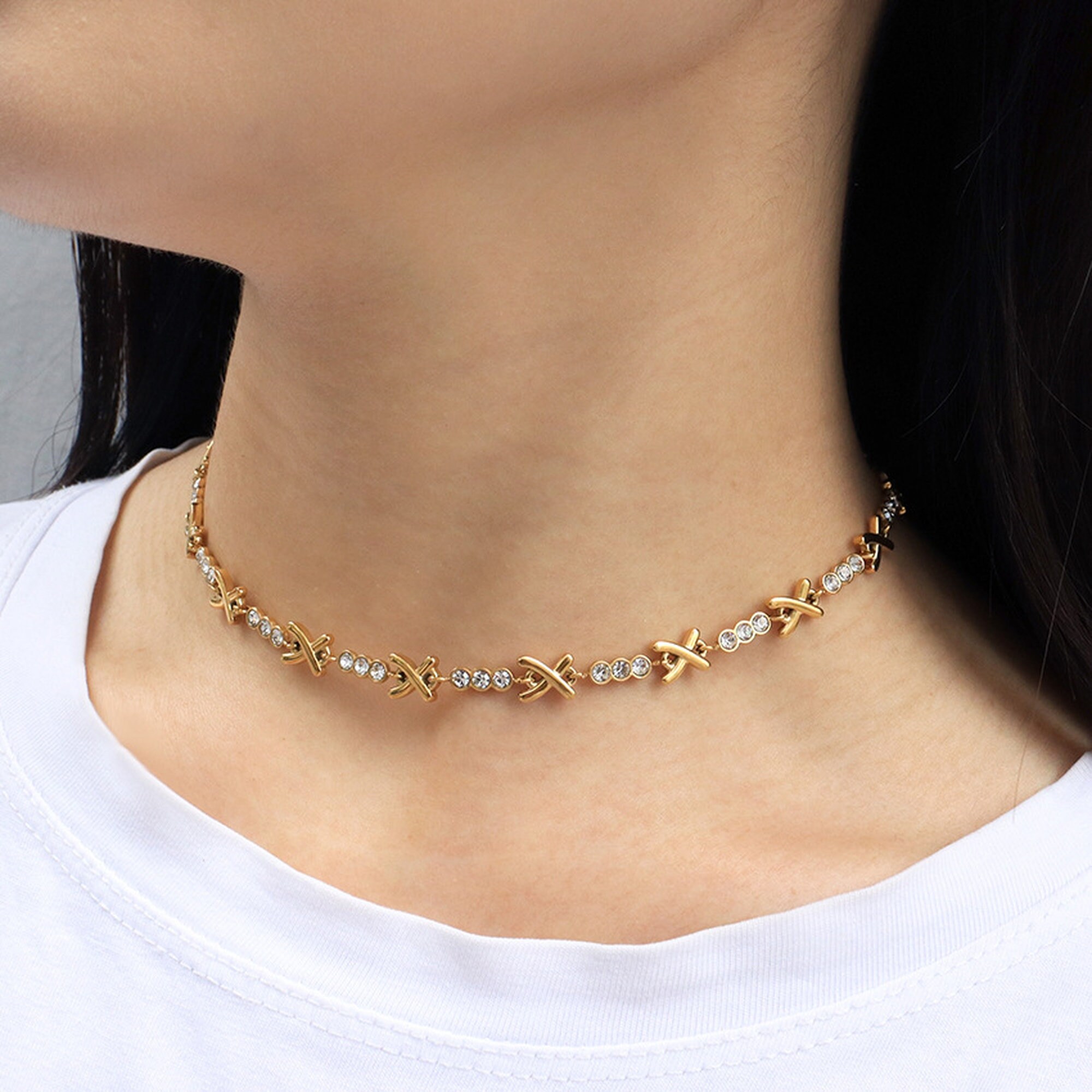 XO Gold Choker Necklace, 18k Gold Plated Necklace With Cubic Zirconia  Diamond, Personal Gift for Her 