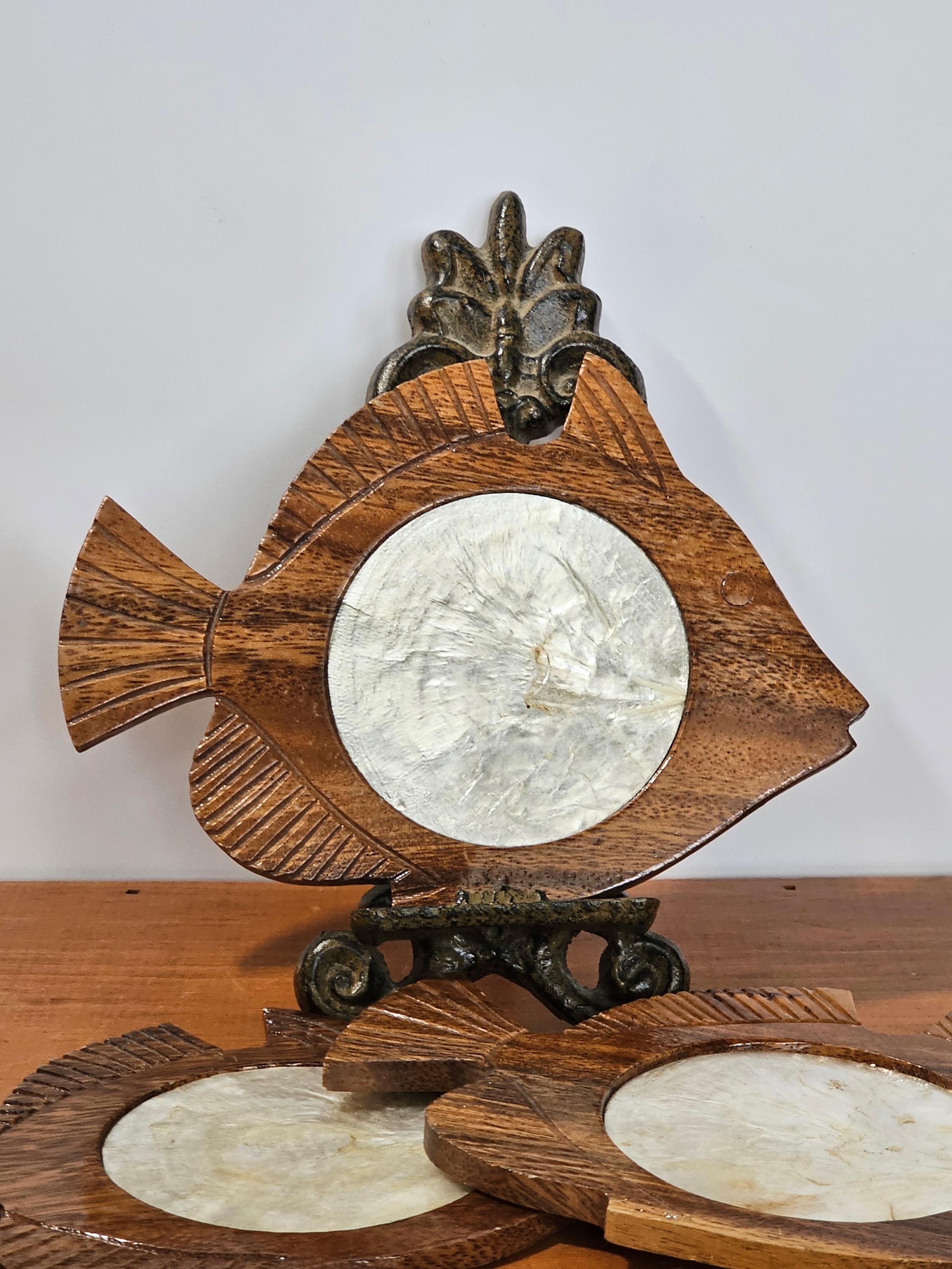 Timber Inlay Fish Vintage Wood and Shell Inlay Fish Coasters | Mid Century Modern Barware ...
