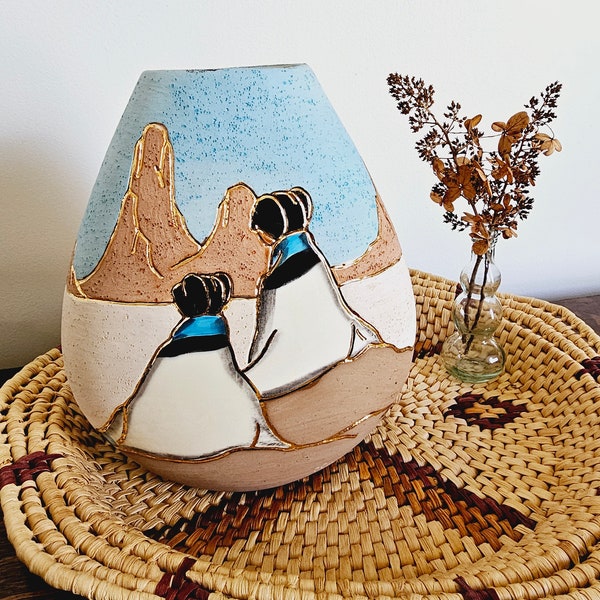 Vintage Vera Russel Signed 22K Gold Native American Southwest Hand Painted Clay Pottery Vase, Southwest Style Decor, Pottery Home Accents