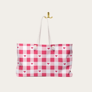 Pink Plaid Heart Weekender Bag, Cute weekender bag, Pink weekender bag