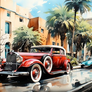 Retro Miami, Ocean Blvd, Art Deco High Quality Canvas Art, Watercolor Style Painting Digital Art