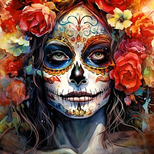 Arte de pared en lienzo del Día de los Muertos, vibrante y fascinante, pintura estilo acuarela, arte digital, llamativo.