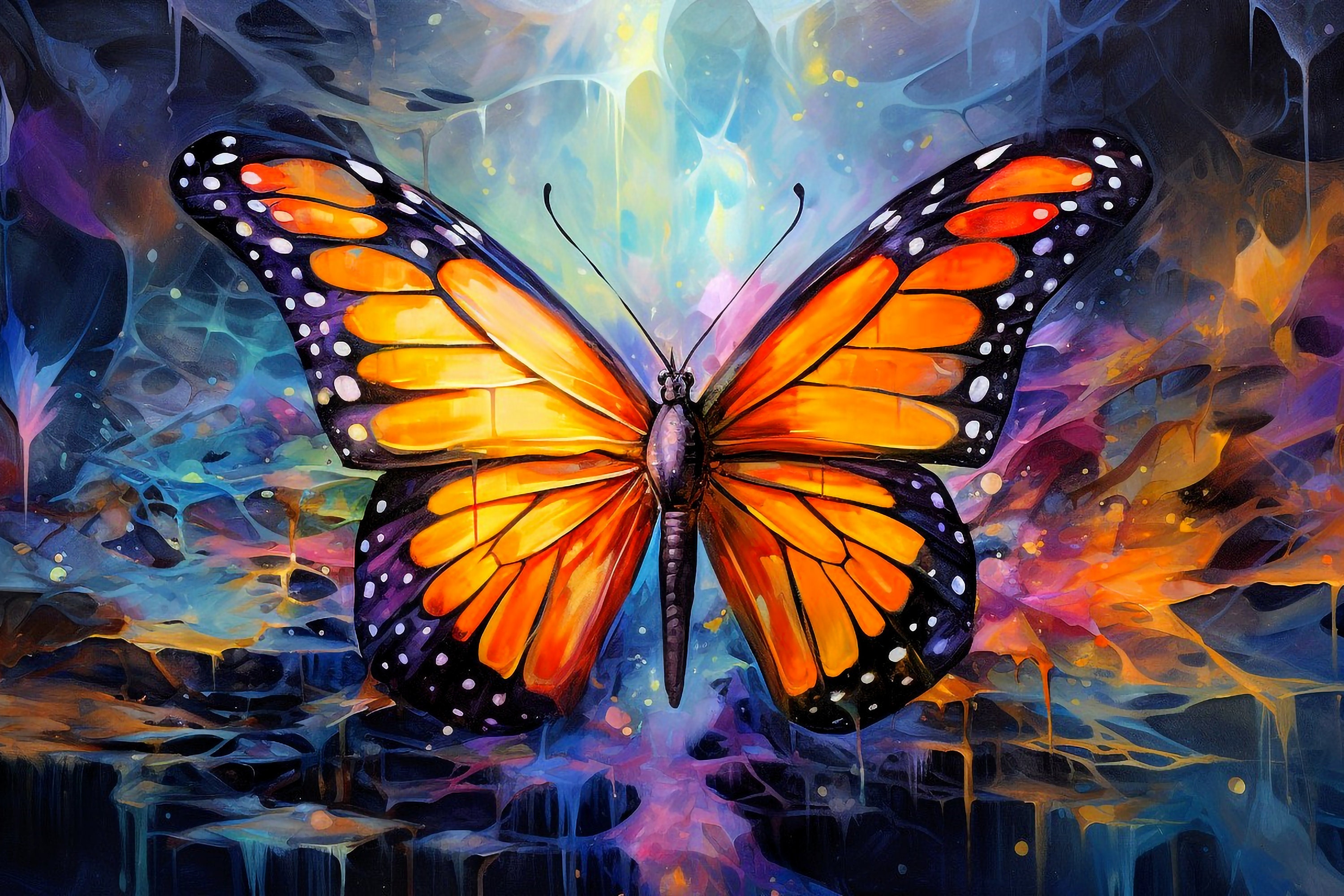 Monarch Butterfly Watercolor Painting Style Digital Art on Canvas, Vibrant & Colorful Hanging Wall Art