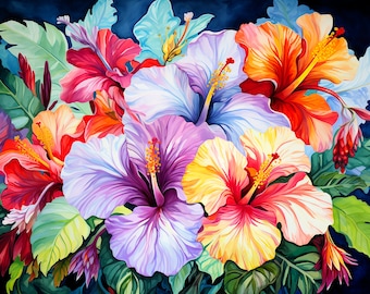 Hibiscus Flowers Watercolor Style Painting Digital Art, High Quality Canvas Wall Art, Colorful Tropical Flowers, Hanging Wall Art Work