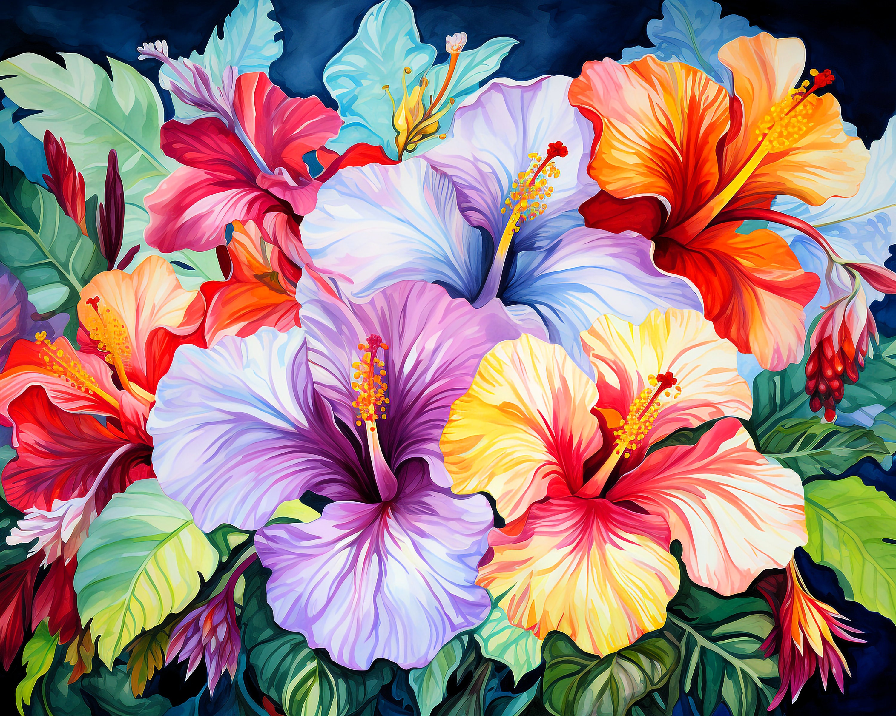 Hibiscus Flowers Watercolor Style Painting Digital Art, High Quality ...