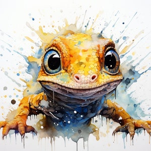 Cute Gecko Canvas Wall Art, Watercolor Painting Style Digital Hanging Artwork, Adorable & Unique
