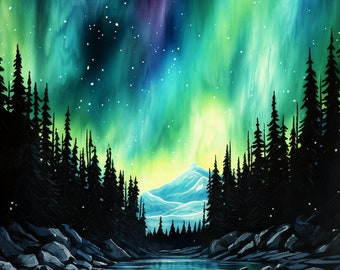 Aurora Borealis Canvas Wall Art, Watercolor Painting Style Digital Artwork, Beautiful & Captivating