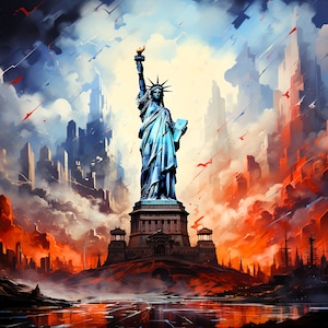 Lady Liberty, art mural patriotique sur toile de haute qualité, art numérique contemporain et unique de style aquarelle