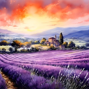 Lavender Fields Watercolor Style Digital Art, High Quality Canvas Wall Art, Picturesque Countryside Handing Wall Artwork