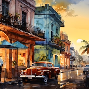 Cuban Cafe at Dusk, Watercolor Style Digital Wall Art, Canvas Hanging Wall Artwork, Vintage Look
