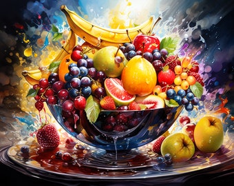 Large Fruit Bowl w/ a Hint of Surrealism Canvas Wall Art, Watercolor Painting Style Digital Hanging Artwork, Vibrant & Unique