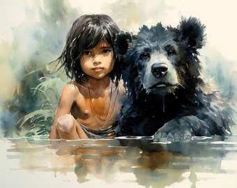 Mowgli & Baloo, Adorable Canvas Wall Art, Watercolor Painting Style Digital Artwork, The Jungle Book, Friends For Life
