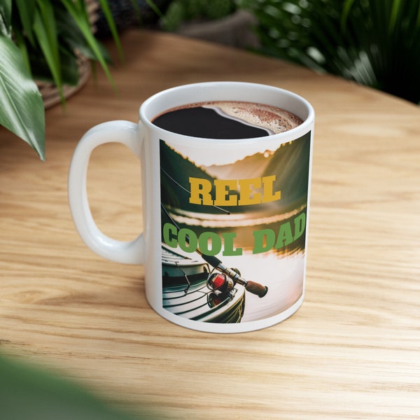 Reel Cool Dad 11 oz White Ceramic Mug, Perfect fisherman gift, Unique Father's Day Present, Fishing Lover Coffee Cup