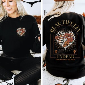 Halloween Sweatshirt, Skeleton Graphic Sweatshirt, Halloween Skeleton Crewneck, Botanical Halloween Large Graphic Sweatshirt Fall Pullover