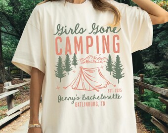 Custom Camp Bachelorette Party Shirt, Mountain Camping Bach Tee, Hiking Bridal Party T-shirt, Girls Camping Trip Tshirt, Girls Gone Camping