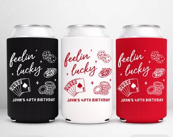 Personalized Poker Birthday Can Cooler, Casino Theme Bachelor Party Drink Holder, Feeling Lucky Party Favor, Vegas Party Drink Sleeve