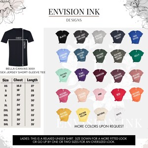 May include: A size chart for Bella Canvas 3001 unisex short-sleeve t-shirts. The chart shows sizes XS through 5XL with corresponding chest and length measurements in inches. The chart also shows a variety of colors available for the t-shirts, including black, dark grey heather, athletic heather, heather navy, true royal, carolina blue, heather deep teal, heather mint, team purple, heather forest, heather military green, kelly, heather raspberry, heather peach, pink, red, heather orange, heather mustard, heather yellow, natural, and white.