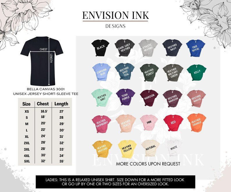 May include: A size chart for Bella Canvas 3001 unisex short-sleeve t-shirts. The chart shows sizes XS through 5XL with corresponding chest and length measurements in inches. The chart also shows a variety of colors available for the t-shirts, including black, dark grey heather, athletic heather, heather navy, true royal, carolina blue, heather deep teal, heather mint, team purple, heather forest, heather military green, kelly, heather raspberry, heather peach, pink, red, heather orange, heather mustard, heather yellow, natural, and white.
