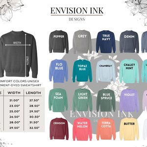May include: A chart showing the size and dimensions of unisex sweatshirts in various colours. The chart includes sizes S through 3XL, with corresponding width and length measurements in inches. The colours include pepper, grey, true navy, denim, blue jean, flo blue, topaz blue, chambray, chalky mint, lagoon, sea foam, light green, blue spruce, violet, orchid, crimson, water melon, terra cotta, butter, and white.