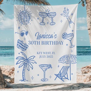 May include: White banner with blue illustrations of a disco ball, champagne glasses, sunglasses, a beach bag, a palm tree, a cocktail, a beach chair, and an umbrella. Text reads "Ianissa's 30th Birthday, Key West, FL, July 2025."