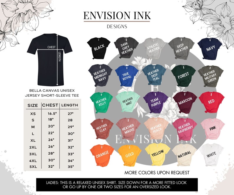 May include: A size chart for Bella Canvas unisex short-sleeve t-shirts. The chart shows the chest and length measurements in inches for sizes XS to 5XL. The chart also shows a variety of colors available for the t-shirts, including black, navy, heather grey, true royal, heather kelly, heather mint, team purple, maroon, red, heather clay, heather mauve, heather peach, heather raspberry, pink, orange, gold, yellow, natural, and white.