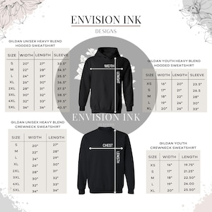 May include: Size chart for Gildan unisex hooded and crewneck sweatshirts. The chart shows the width, length, and sleeve length for each size, from small to 5XL. The chart is printed on a white background with black text.