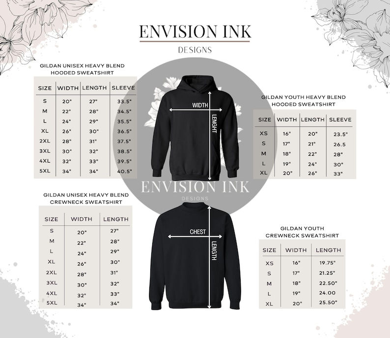 May include: Size chart for Gildan unisex hooded and crewneck sweatshirts. The chart shows the width, length, and sleeve length for each size, from small to 5XL. The chart is printed on a white background with black text.