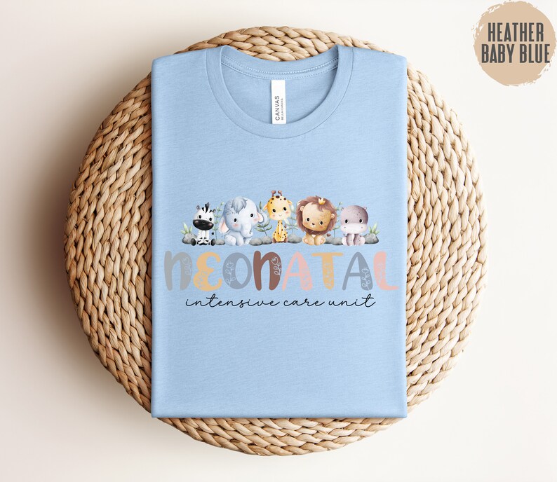 May include: Light blue t-shirt with a graphic of cute animals spelling out "neonatal intensive care unit".