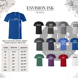 May include: A size chart for Bella + Canvas unisex jersey short sleeve v-neck t-shirts. The chart shows the width and length measurements in inches for sizes XS to 3XL. The chart is displayed against a background of various colored t-shirts.