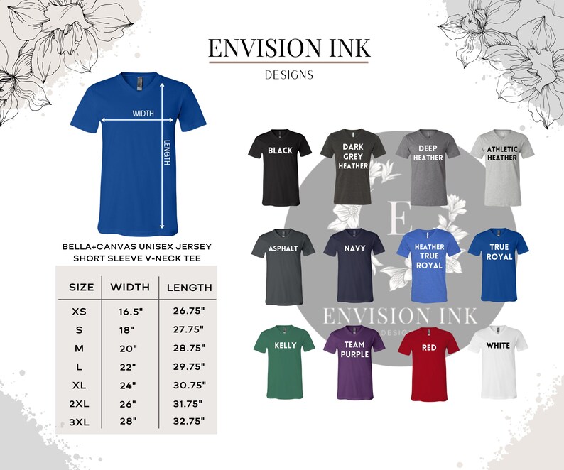 May include: A size chart for Bella + Canvas unisex jersey short sleeve v-neck t-shirts. The chart shows the width and length measurements in inches for sizes XS to 3XL. The chart is displayed against a background of various colored t-shirts.