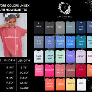May include: A size chart for youth unisex midweight t-shirts. The chart shows the size, width in inches, and length in inches for sizes XS, S, M, L, and XL. The chart also shows a variety of colors available for the t-shirts.