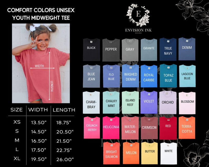 May include: A size chart for youth unisex midweight t-shirts. The chart shows the size, width in inches, and length in inches for sizes XS, S, M, L, and XL. The chart also shows a variety of colors available for the t-shirts.