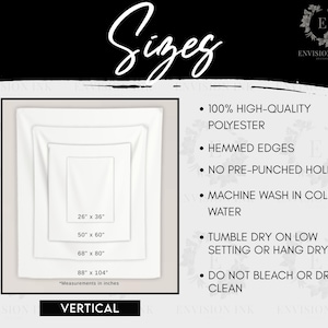 May include: A white tapestry with different sizes listed in inches. The tapestry is made of 100% high-quality polyester with hemmed edges. It is machine washable in cold water and can be tumble dried on low heat. The tapestry is also available in a variety of sizes.