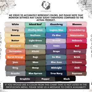 May include: A color chart showing 24 different colors of fabric. The colors are arranged in two columns, labeled "Comfort" and "Colors". The colors include white, ivory, banana, butter, mustard, terracotta, burnt orange, yam, grey, granite, graphite, pepper, black, island reef, chalky mint, seafoam, light green, bay, khaki, sage, moss, hemp, blue spruce, chambray, lagoon blue, flo blue, orchid, violet, grape, ice blue, blue jean, midnight, true navy, blossom, crunchberry, watermelon, heliconia, red, berry, brick, crimson, chili, and espresso.