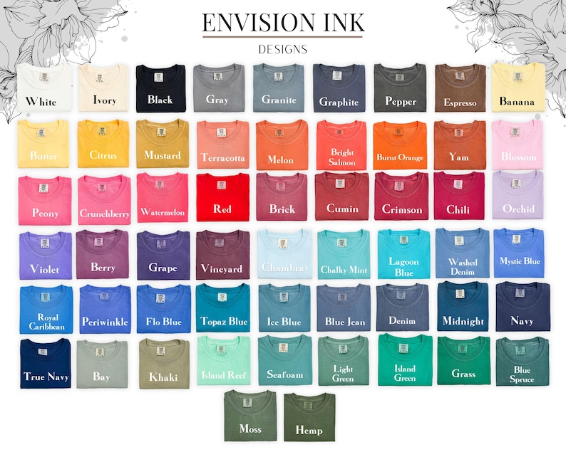 K&ouml;nnte beinhalten: Eine Tabelle mit 48 verschiedenen Farbnamen f&uuml;r T-Shirts. Die Farben sind in Reihen und Spalten angeordnet, wobei die Namen der Farben in Wei&szlig; unter jedem Farbfeld stehen.