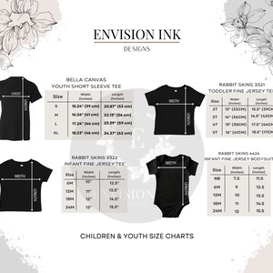 May include: Size chart for youth and toddler t-shirts and bodysuits. The chart shows the width and length measurements in inches and centimeters for different sizes, including S, M, L, XL, 2T, 3T, 4T, 5T, 6M, 12M, 18M, 24M, NB.