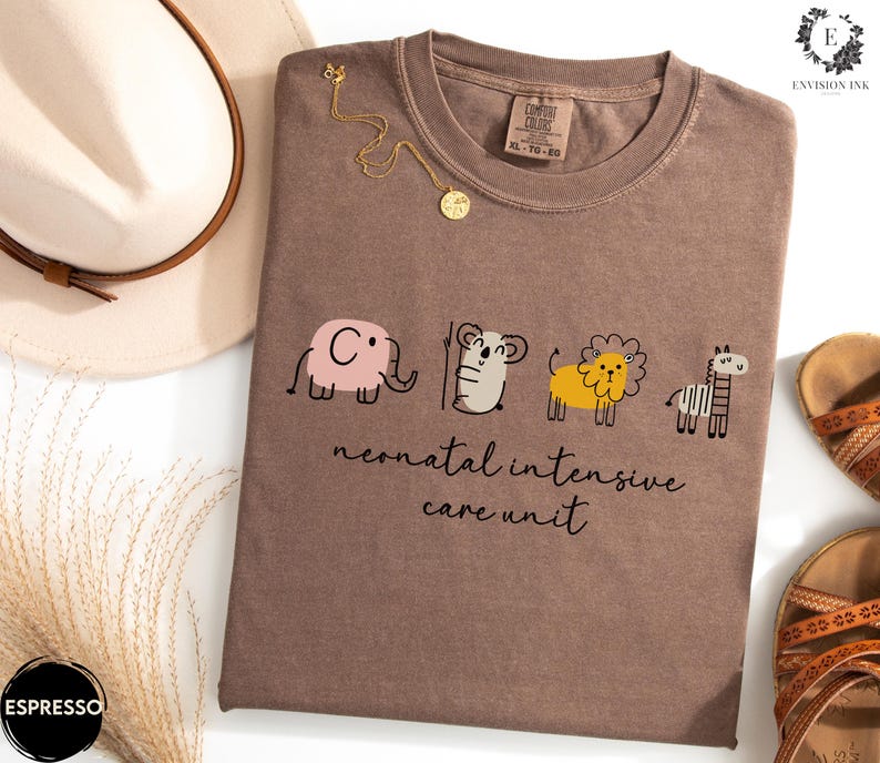 May include: A brown t-shirt with a graphic of a cartoon elephant, koala, lion, and zebra. The text "neonatal intensive care unit" is printed below the graphic.