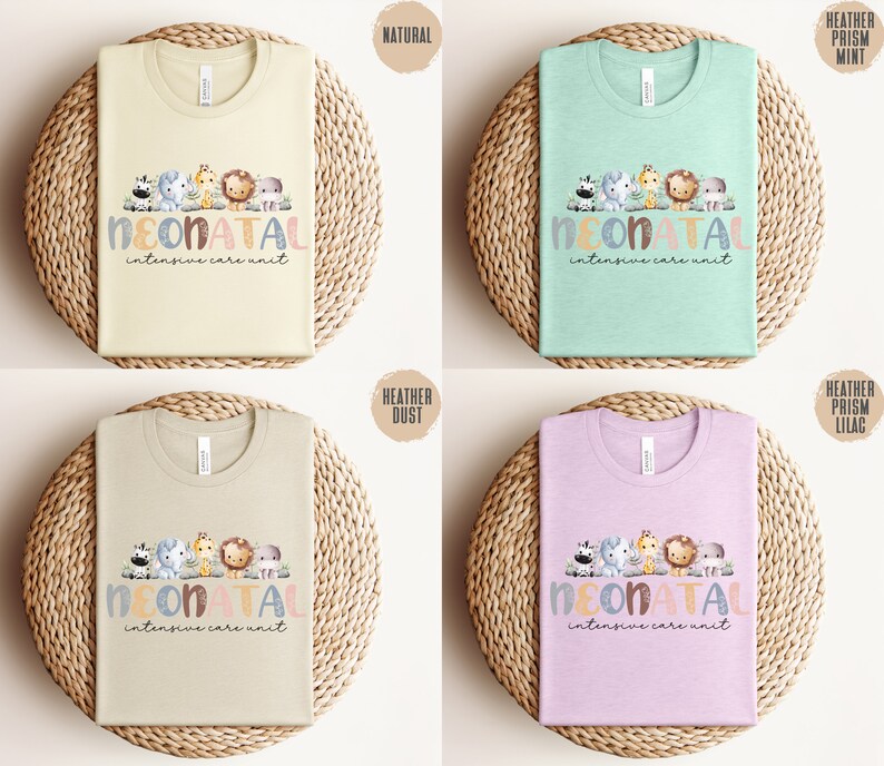 May include: Four t-shirts in different colors with a design of a group of cartoon animals and the text "NEONATAL intensive care unit". The colors are natural, heather dust, heather prism mint, and heather prism lilac.