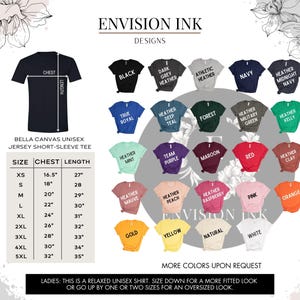 May include: A size chart for a unisex short-sleeve jersey tee shirt. The chart shows the chest and length measurements for sizes XS to 5XL. The chart also shows a variety of colors available for the shirt, including black, navy, red, white, and yellow.