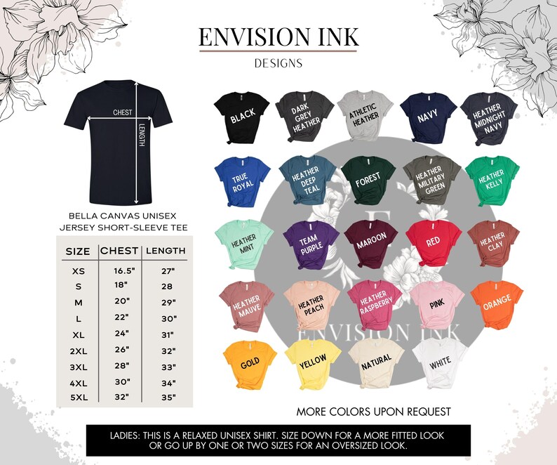 May include: A size chart for a unisex short-sleeve jersey tee shirt. The chart shows the chest and length measurements for sizes XS to 5XL. The chart also shows a variety of colors available for the shirt, including black, navy, red, white, and yellow.
