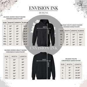 May include: Size chart for Gildan unisex hooded and crewneck sweatshirts. The chart shows the width, length, and sleeve measurements in inches for sizes S to 5XL. The chart also includes the chest and length measurements for crewneck sweatshirts.