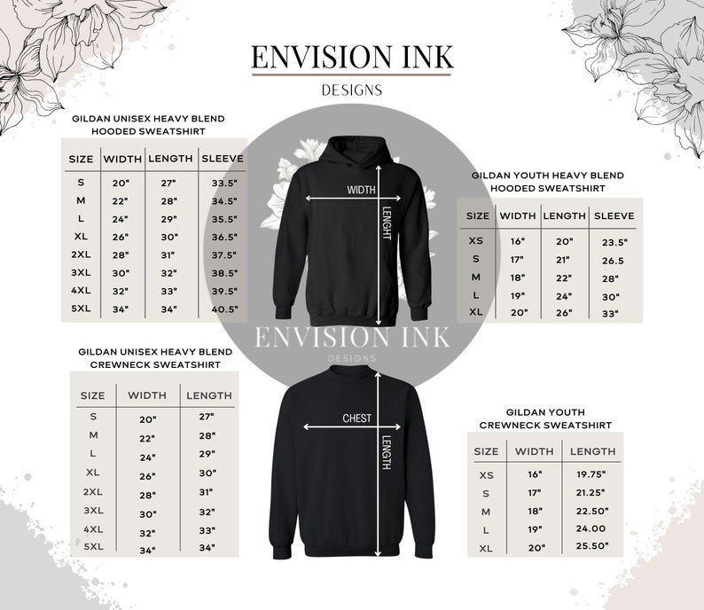 May include: Size chart for Gildan unisex hooded and crewneck sweatshirts. The chart shows the width, length, and sleeve measurements in inches for sizes S to 5XL. The chart also includes the chest and length measurements for crewneck sweatshirts.