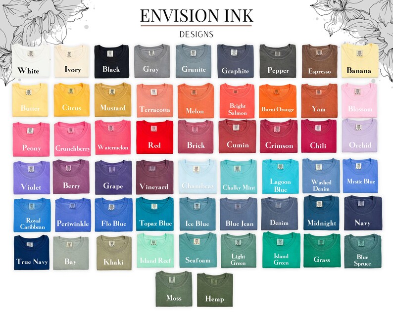 May include: A chart of 48 different color names for t-shirts. The colors are arranged in rows and columns, with the names of the colors printed in white below each swatch.