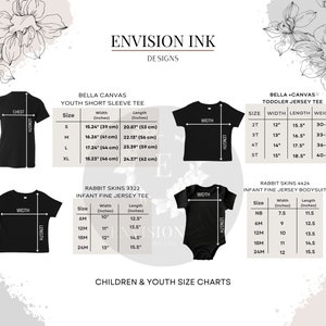 May include: Size chart for Bella + Canvas youth short sleeve tees, Rabbit Skins infant fine jersey tees, and Rabbit Skins infant fine jersey bodysuits. The chart includes measurements in inches for chest, width, and length.