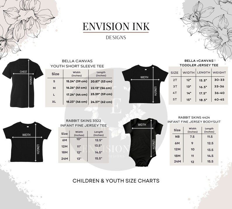 May include: Size chart for Bella + Canvas youth short sleeve tees, Rabbit Skins infant fine jersey tees, and Rabbit Skins infant fine jersey bodysuits. The chart includes measurements in inches for chest, width, and length.