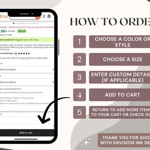 K&ouml;nnte beinhalten: Ein Screenshot eines Etsy-Listings f&uuml;r personalisierte Familienurlaubs-Shirts. Die Liste enth&auml;lt eine Schritt-f&uuml;r-Schritt-Anleitung zur Bestellung, einschlie&szlig;lich der Auswahl einer Farbe oder eines Stils, der Gr&ouml;&szlig;e und der Eingabe von benutzerdefinierten Details. Die Liste enth&auml;lt auch eine Dankesnachricht f&uuml;r den Einkauf bei Envision Ink Designs.